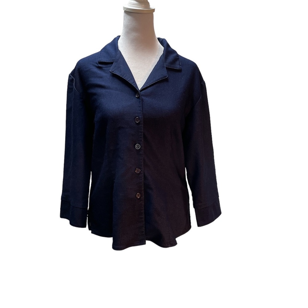 Indulgence Blue Denim Like Stretchy 3/4 Sleeve Button Down Shirt Size Small
